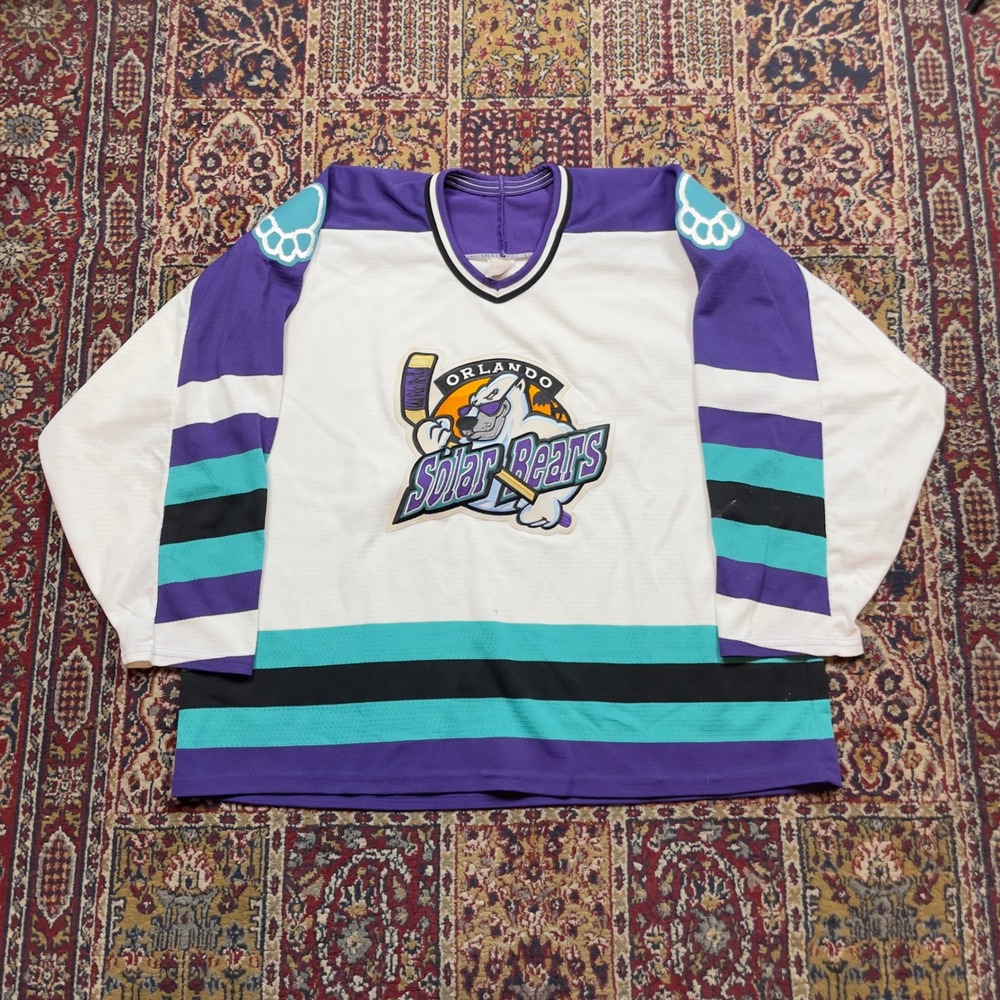 VTG Rare 90s Bauer Orlando Solar Bears Hockey Jersey XL Purple Teal IHL Striped